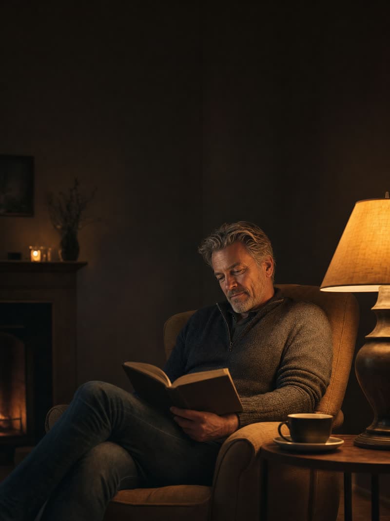 A man reading by lamplight in the evening