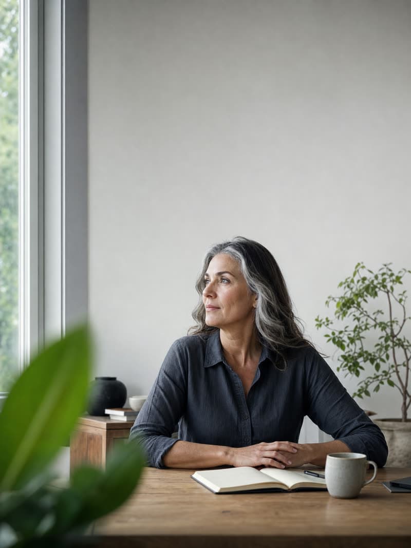 A woman calmly focused at a desk