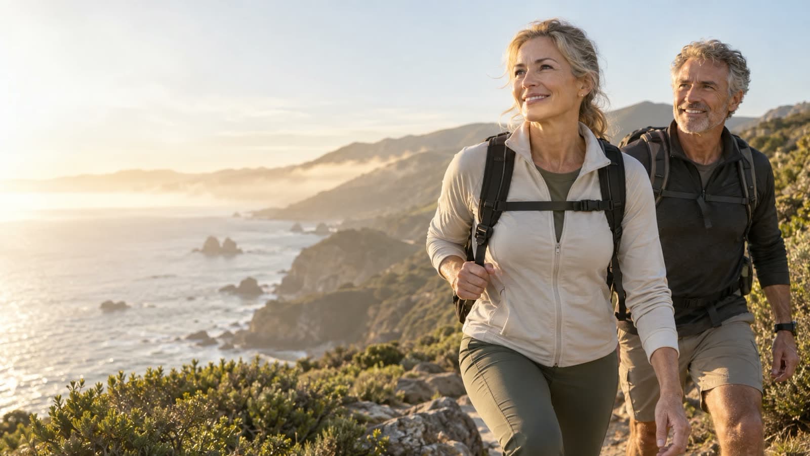 A couple in their fifties hiking a coastal trail at sunrise