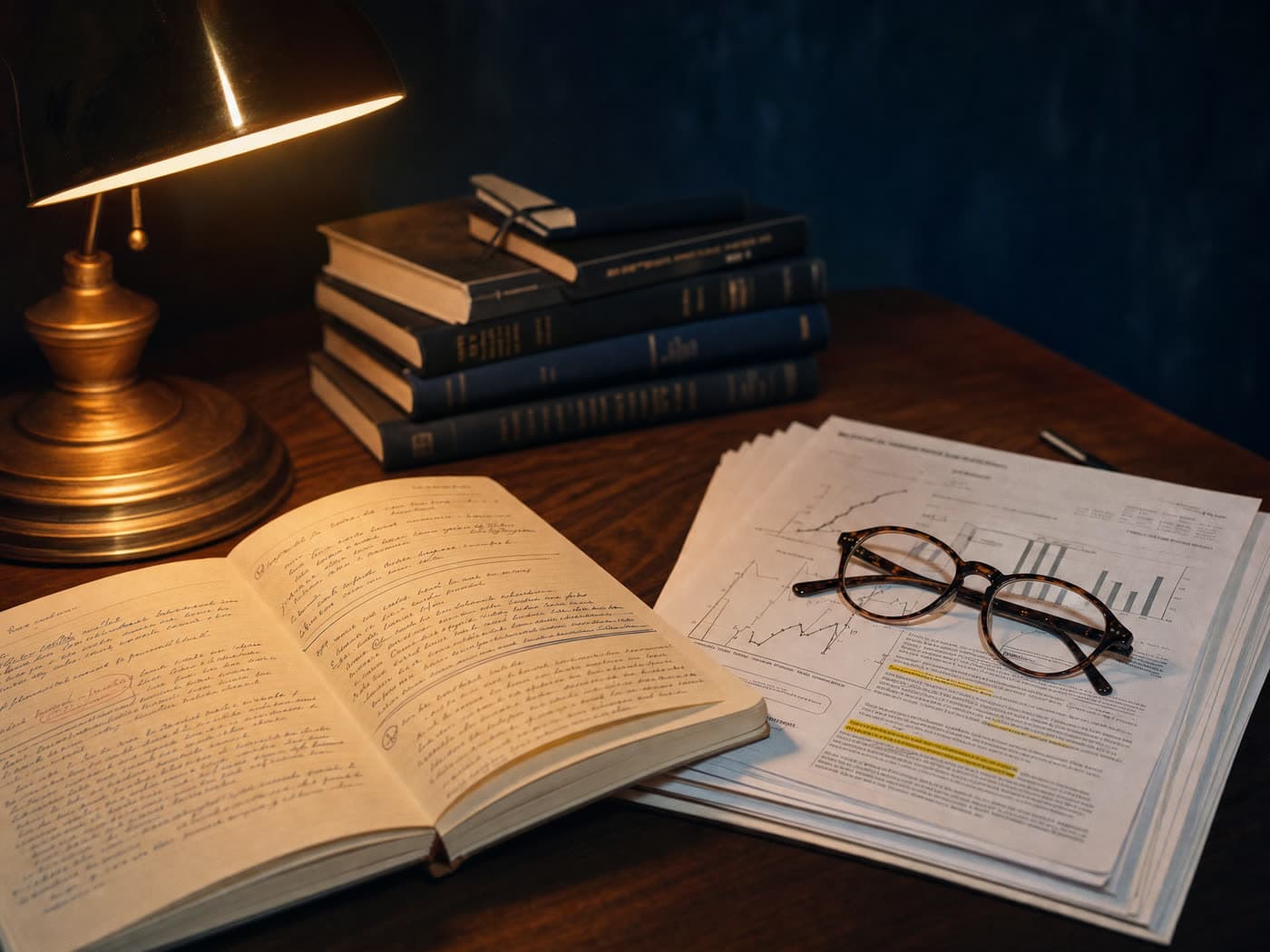 A desk with research papers, handwritten notes and reading glasses under warm lamp light